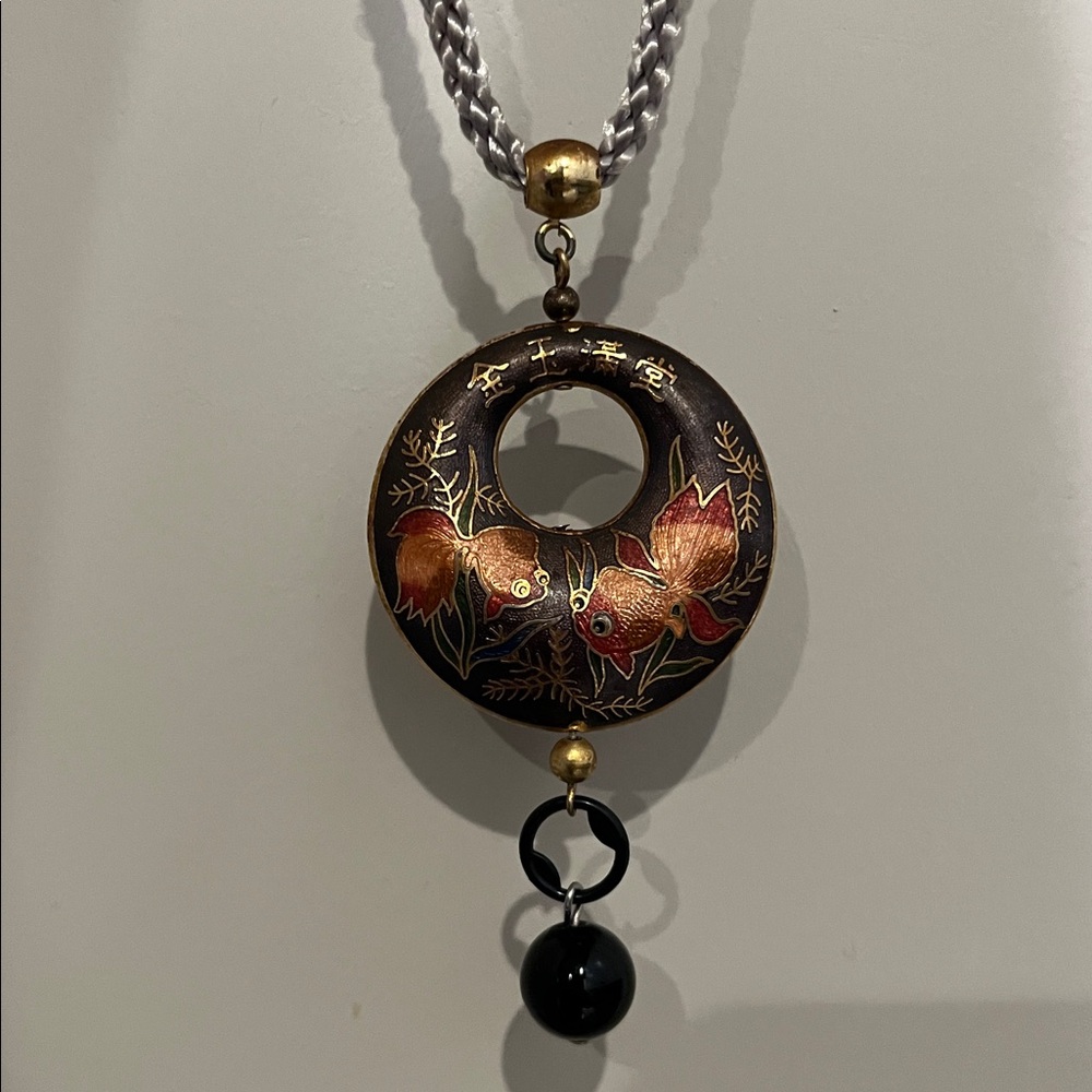 Asian Cloisonné Donut Pendant on Long Gray Rope necklace